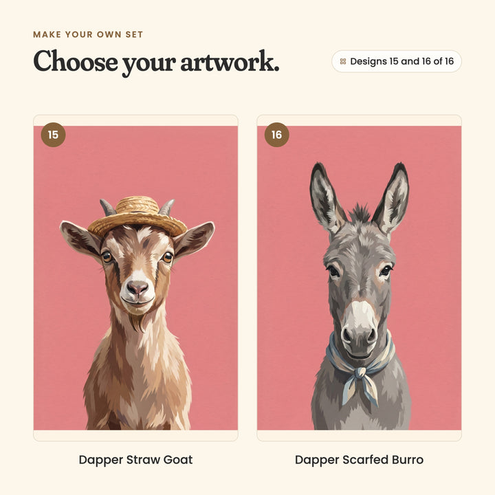 Designs 15 and 16 of 16: Dapper Straw Goat, a goat in a straw hat, and Dapper Scarfed Burro, a donkey in a blue scarf