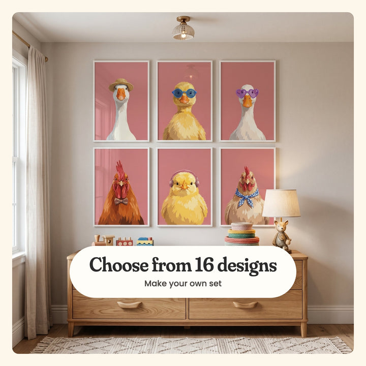 Six farm animal portraits in white frames above an oak dresser with a wooden toy train, a ring stacker, a plush bear and a glowing lamp, labeled Choose from 16 designs, Make your own set