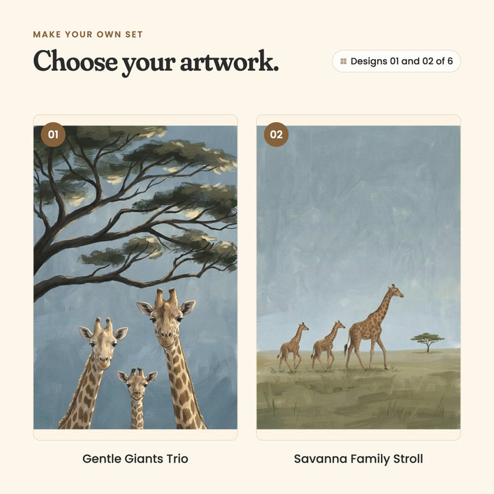 Designs 01 and 02 of 6: Gentle Giants Trio, three giraffes, two grown and one little, peeking up under an acacia tree, and Savanna Family Stroll, a grown giraffe and two young ones walking across the grassland