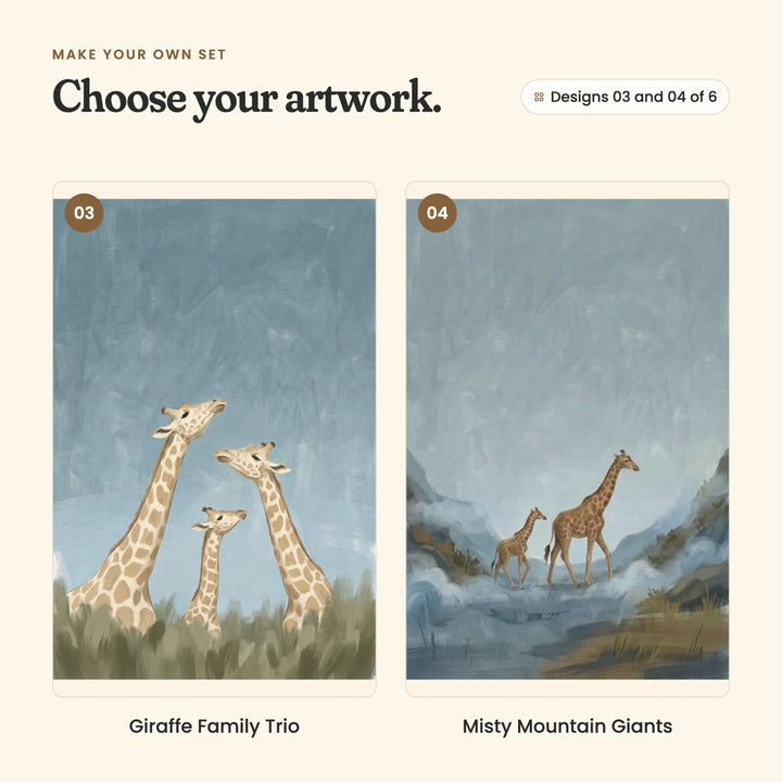 Designs 03 and 04 of 6: Giraffe Family Trio, two grown giraffes and a little one stretching up in tall grass, and Misty Mountain Giants, a grown giraffe and a little one walking through misty mountains