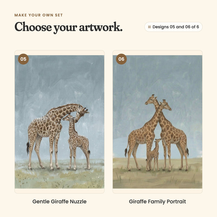 Designs 05 and 06 of 6: Gentle Giraffe Nuzzle, a grown giraffe bending down to nuzzle its calf, and Giraffe Family Portrait, two grown giraffes with their necks crossed over a little one