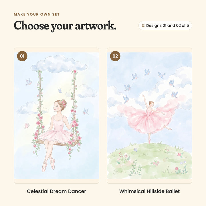 Designs 01 and 02 of 5: Celestial Dream Dancer, a ballerina on a rose-wrapped swing hanging from a cloud, and Whimsical Hillside Ballet, a ballerina on pointe on a green hill with bluebirds overhead and her pink skirt billowing