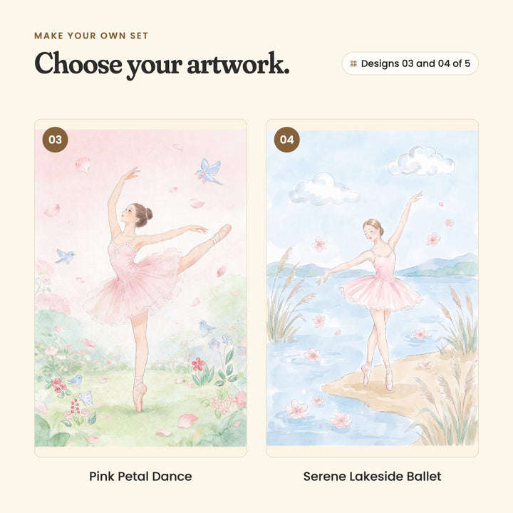 Designs 03 and 04 of 5: Pink Petal Dance, a ballerina in an arabesque among falling petals and garden flowers, and Serene Lakeside Ballet, a ballerina on pointe at the edge of a lake with pink blossoms on the water