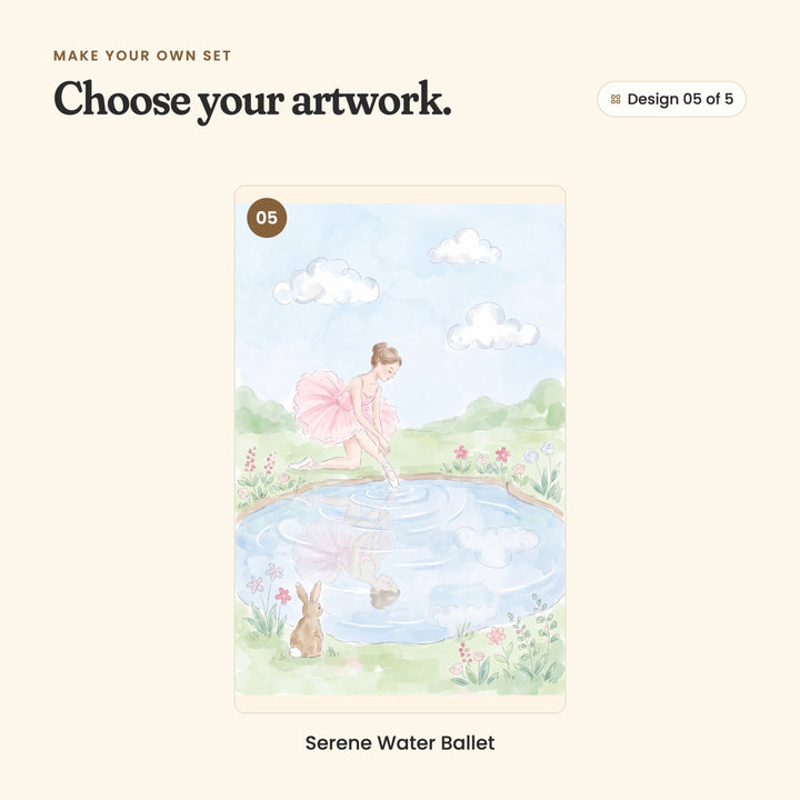 Design 05 of 5: Serene Water Ballet, a ballerina kneeling to touch a pond with her toe while a brown bunny watches