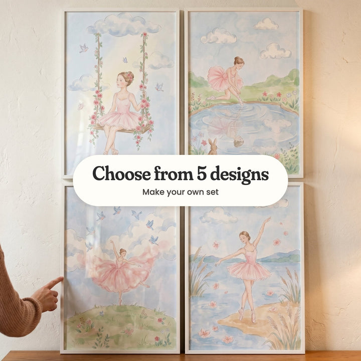 Four ballerina prints in white frames leaning on a wooden dresser while a woman points at one, with a label reading Choose from 5 designs, Make your own set