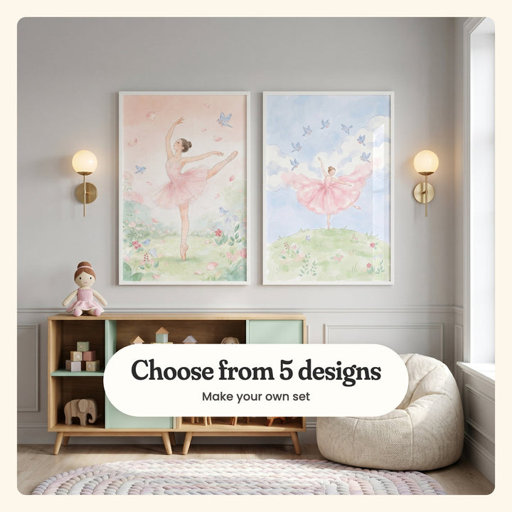 Kids' room with two ballerina prints in white frames on a grey wall between gold wall lights, above a wooden cabinet with a ballerina doll, labeled Choose from 5 designs, Make your own set