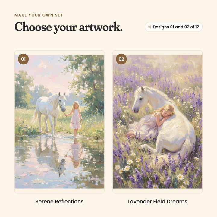 Designs 01 and 02 of 12: Serene Reflections, a girl leading her horse beside a still pond that mirrors them both, and Lavender Field Dreams, a girl napping against her horse in a field of lavender