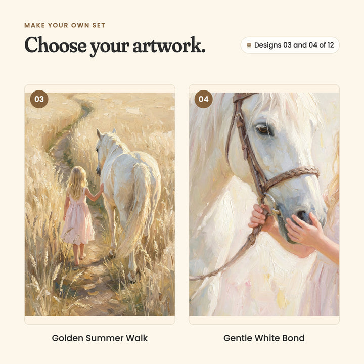Designs 03 and 04 of 12: Golden Summer Walk, a girl and her horse walking a path through tall golden grass, and Gentle White Bond, a close view of small hands holding the horse's face by its bridle