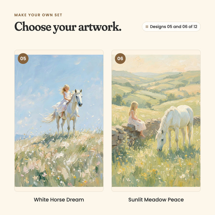 Designs 05 and 06 of 12: White Horse Dream, a girl riding her horse on a flowery hilltop under a blue sky, and Sunlit Meadow Peace, a girl sitting on a stone wall as her horse grazes among rolling hills