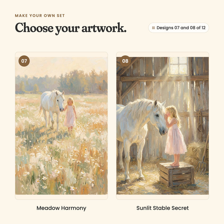 Designs 07 and 08 of 12: Meadow Harmony, a girl standing beside her horse in a field of white wildflowers, and Sunlit Stable Secret, a girl standing on a wooden crate in a sunlit barn, her face against her horse's cheek as if whispering to it