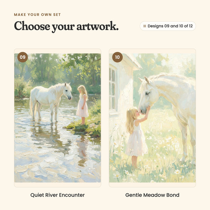 Designs 09 and 10 of 12: Quiet River Encounter, the horse wading in a stream as the girl watches from the bank, and Gentle Meadow Bond, a girl kissing the horse's nose beside a white cottage