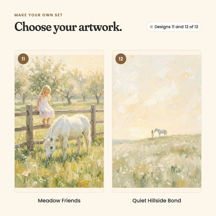 Designs 11 and 12 of 12: Meadow Friends, a girl sitting on a fence as her horse grazes in an orchard, and Quiet Hillside Bond, a tiny girl and her horse far off on a pale hillside