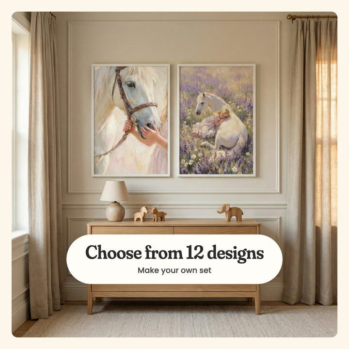 Cream panelled wall with two girl and white horse prints in white frames above a light wood dresser with a lamp and wooden animal toys: Gentle White Bond and Lavender Field Dreams, labeled Choose from 12 designs, Make your own set