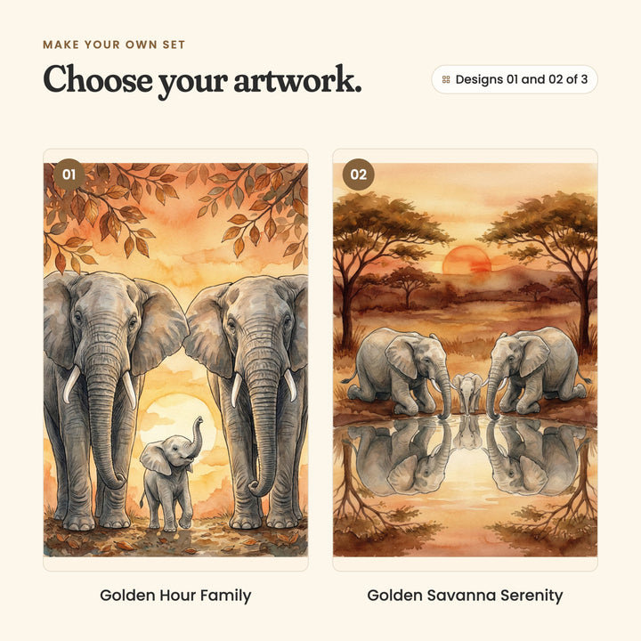 Designs 01 and 02 of 3: Golden Hour Family, two elephants under autumn leaves with a baby between them raising its trunk to the glowing sun, and Golden Savanna Serenity, two elephants kneeling to drink at a waterhole with a baby between them, all reflected in the water under acacia trees