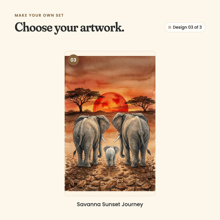 Design 03 of 3: Savanna Sunset Journey, two elephants and a baby seen from behind, walking toward a big red sun among acacia trees
