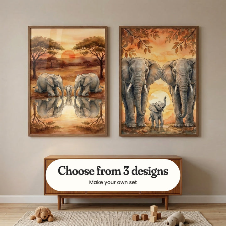 Soft grey room with two elephant prints in dark wood frames above a walnut sideboard on tapered legs, with a tan plush puppy, wooden blocks and a grey plush puppy on a knit rug: Golden Savanna Serenity and Golden Hour Family, with a label reading Choose from 3 designs, Make your own set