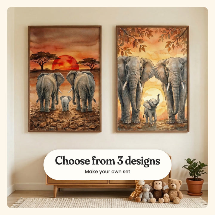 Cream room with two elephant prints in dark wood frames above a light wood sideboard, with a plush giraffe, a grey plush monkey, a brown plush monkey and a teddy bear on a knit rug beside a potted plant: Savanna Sunset Journey and Golden Hour Family, labeled Choose from 3 designs, Make your own set