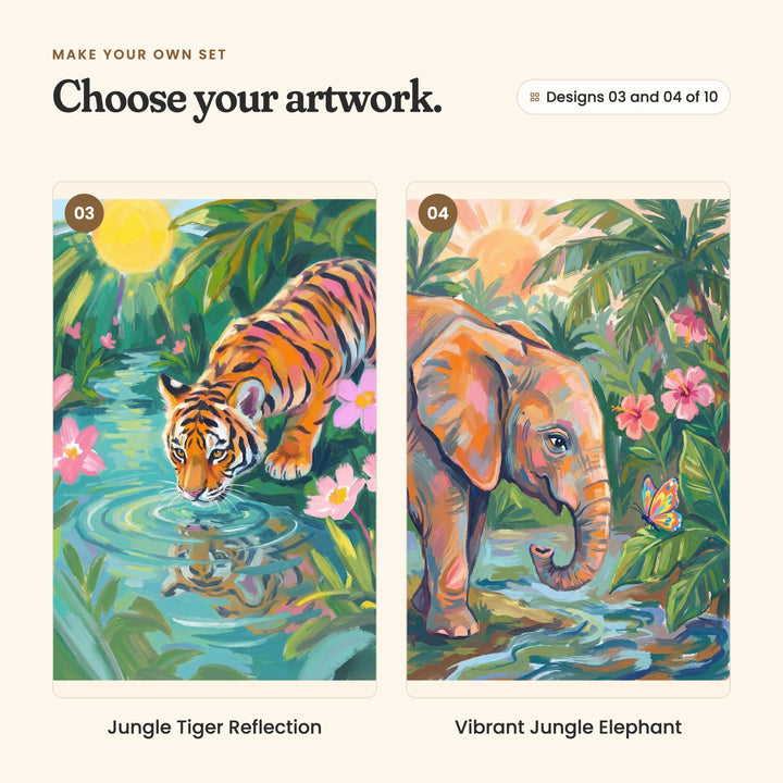 Designs 03 and 04 of 10: Jungle Tiger Reflection, a tiger drinking from a turquoise pool, its reflection in the water, and Vibrant Jungle Elephant, an orange elephant wading in a jungle stream beside pink flowers and a butterfly
