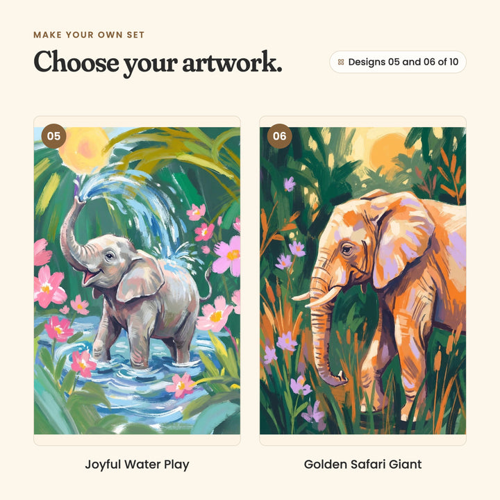 Designs 05 and 06 of 10: Joyful Water Play, a baby elephant splashing water with its trunk in a pond, and Golden Safari Giant, an orange elephant with tusks in tall grass with purple flowers