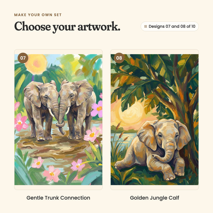 Designs 07 and 08 of 10: Gentle Trunk Connection, two elephants touching trunks on a muddy path among pink flowers, and Golden Jungle Calf, a baby elephant resting under a tree at sunset