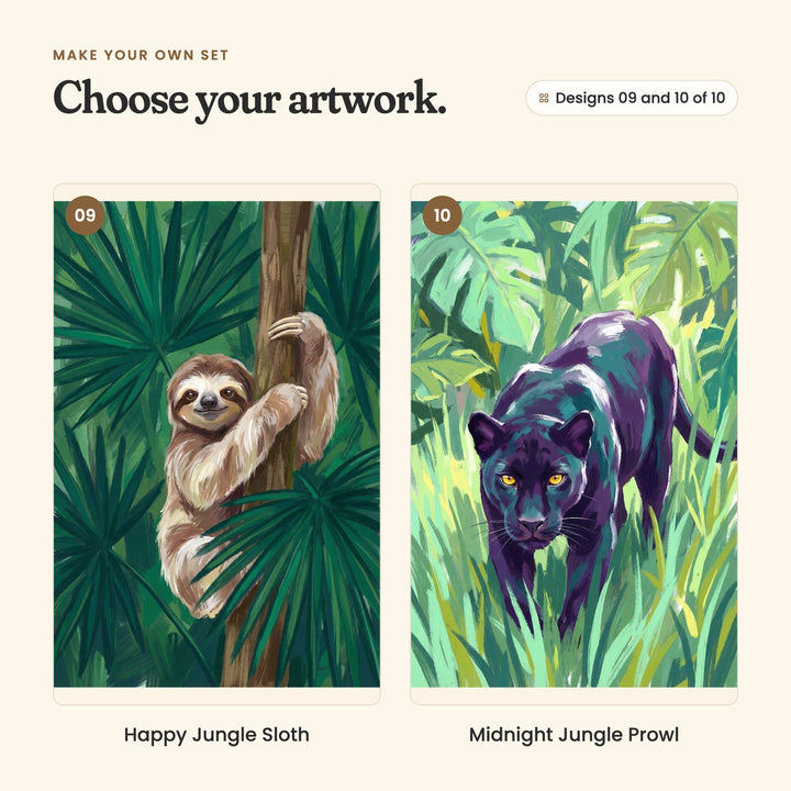 Designs 09 and 10 of 10: Happy Jungle Sloth, a smiling sloth hugging a tree trunk among palm leaves, and Midnight Jungle Prowl, a black panther with golden eyes walking through tall green grass