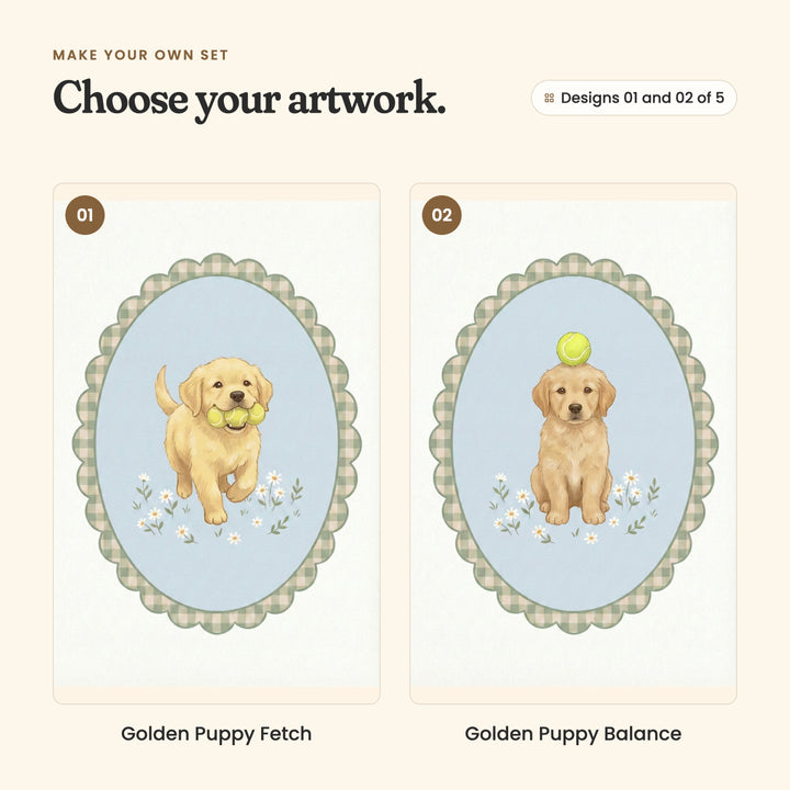 Designs 01 and 02 of 5: Golden Puppy Fetch, a golden puppy running through daisies with two tennis balls in its mouth, and Golden Puppy Balance, a golden puppy sitting with a tennis ball balanced on its head