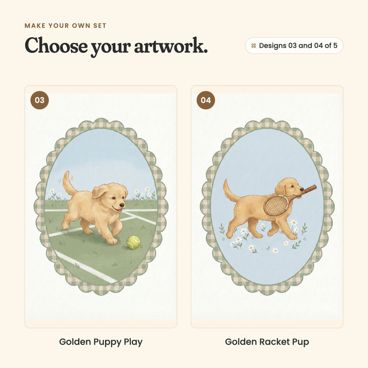 Designs 03 and 04 of 5: Golden Puppy Play, a golden puppy chasing a tennis ball across a grass court, and Golden Racket Pup, a golden puppy trotting along with a wooden tennis racket in its mouth