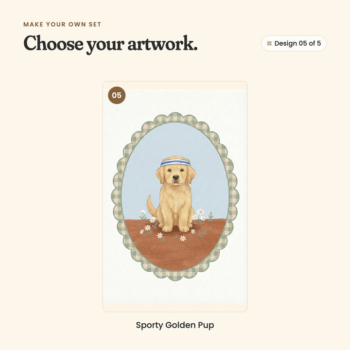 Design 05 of 5: Sporty Golden Pup, a golden puppy in a striped headband sitting on a clay court