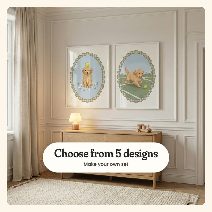 Cream panelled nursery with two golden puppy prints in white frames above a light wood dresser with a small lamp and a wooden toy train, beside linen curtains: Golden Puppy Balance and Golden Puppy Play, labeled Choose from 5 designs, Make your own set