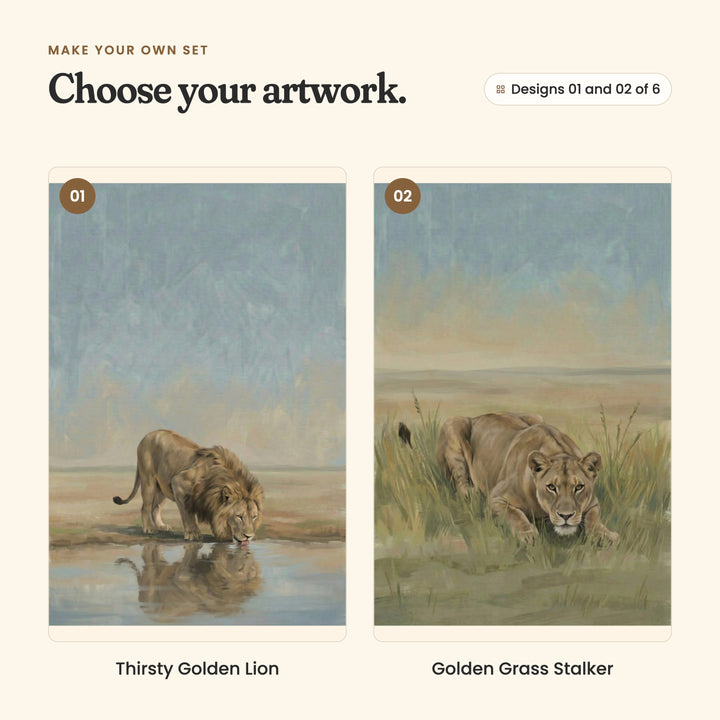 Designs 01 and 02 of 6: Thirsty Golden Lion, a male lion drinking from a still pool above his reflection, and Golden Grass Stalker, a lioness crouching low in tall golden grass