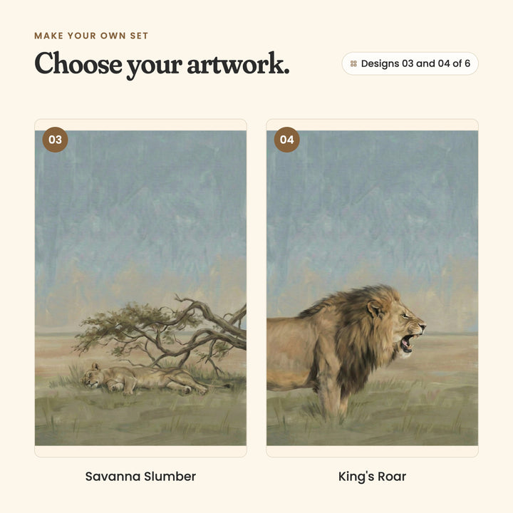Designs 03 and 04 of 6: Savanna Slumber, a lioness asleep under a spreading acacia tree, and King's Roar, a male lion roaring, seen from the side