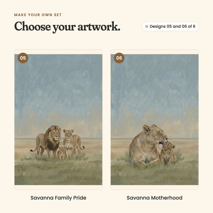 Designs 05 and 06 of 6: Savanna Family Pride, a lion, a lioness and a cub standing together, and Savanna Motherhood, a lioness grooming her cub
