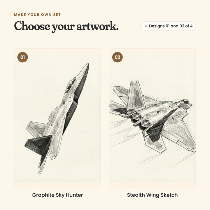 Designs 01 and 02 of 4: Graphite Sky Hunter, a stealth jet climbing steeply into the sky, and Stealth Wing Sketch, a stealth jet banking with speed lines behind it