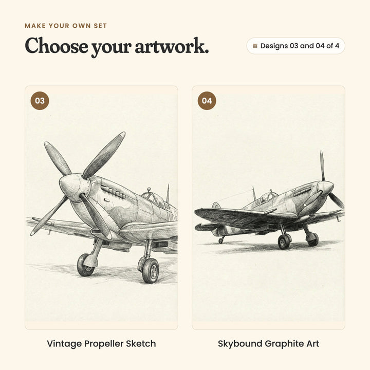 Designs 03 and 04 of 4: Vintage Propeller Sketch, a propeller fighter seen head-on with its big propeller up front, and Skybound Graphite Art, a propeller fighter parked on the ground in side view