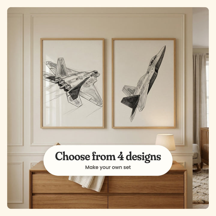 Two jet sketch prints in light wood frames above an oak dresser with a knit throw, in a paneled nursery with a crib and a lamp, labeled Choose from 4 designs, Make your own set