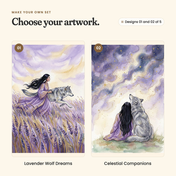 Designs 01 and 02 of 5: Lavender Wolf Dreams, a dark-haired woman in a lavender robe running with a grey wolf through a lavender field, and Celestial Companions, the woman sitting beside the wolf as it looks up at a starry purple sky