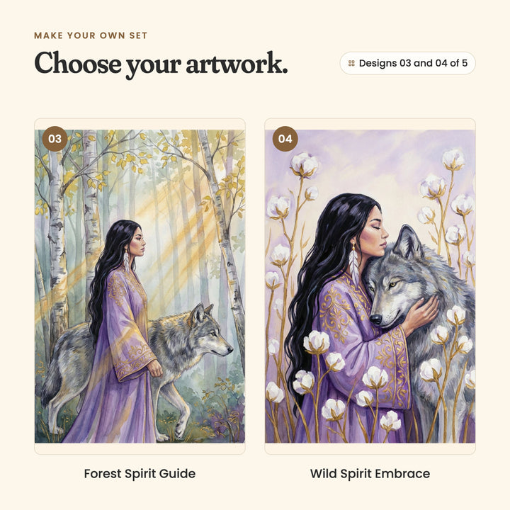 Designs 03 and 04 of 5: Forest Spirit Guide, the woman walking beside the wolf through a sunlit birch forest, and Wild Spirit Embrace, the woman hugging the wolf's head among fluffy white blooms
