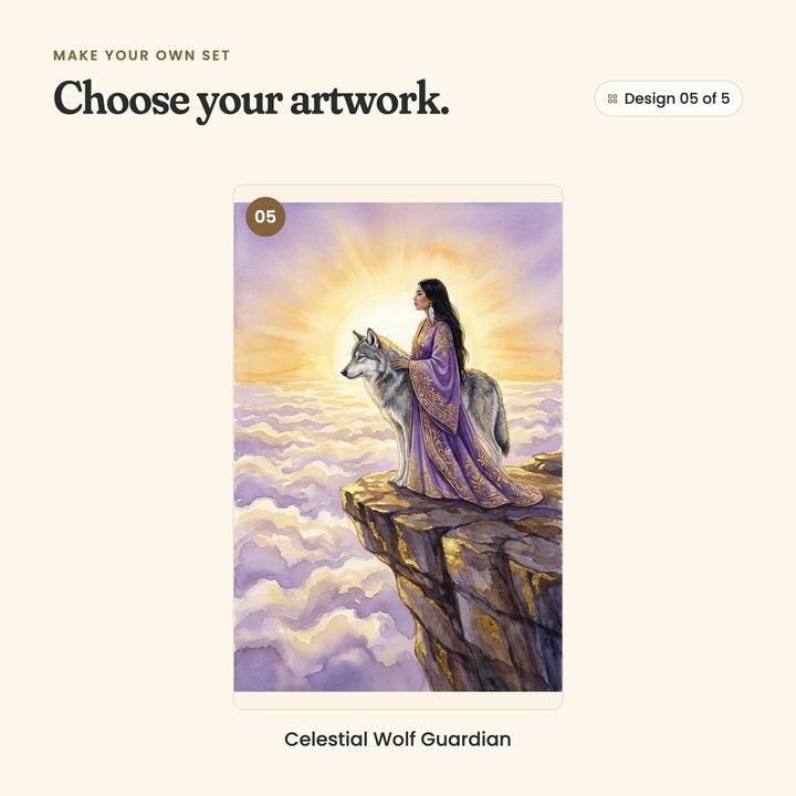 Design 05 of 5: Celestial Wolf Guardian, the woman with her hand on the wolf on a gold-veined cliff above lavender clouds
