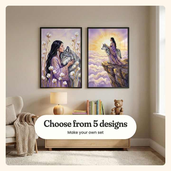 Two lavender wolf prints in black frames above a light wood cabinet with a wooden lamp, books and a wooden teddy bear, beside a cream armchair with a knit throw on a shaggy cream rug: the woman hugging the wolf among fluffy white blooms and the two on a cliff above lavender clouds, labeled Choose from 5 designs, Make your own set
