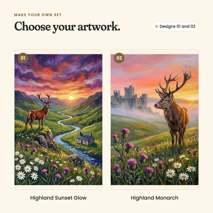 Designs 01 and 02: Highland Sunset Glow, a stag on a rock above a winding stream and a little stone cottage, and Highland Monarch, a stag in a thistle meadow with a misty castle behind it