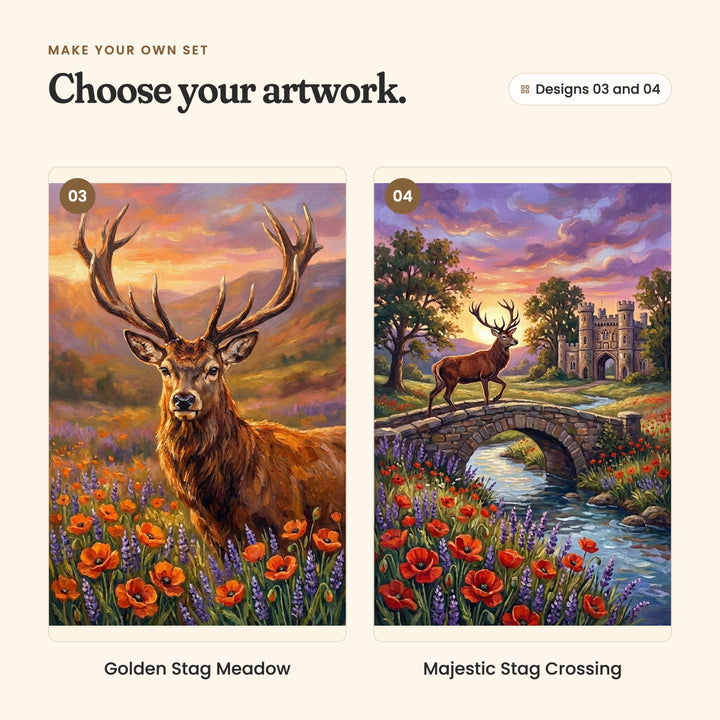 Designs 03 and 04: Golden Stag Meadow, a stag looking straight at you from a field of red poppies, and Majestic Stag Crossing, a stag crossing a stone bridge below a castle