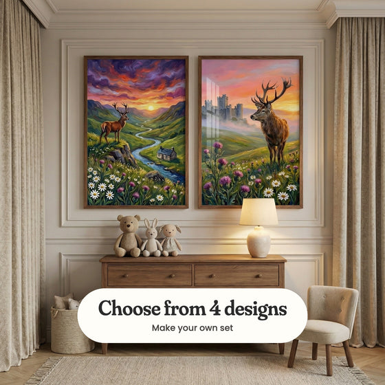 Panelled nursery with two stag prints in dark wood frames above a wood dresser with a teddy bear, plush bunnies and a table lamp, beside a small upholstered chair and long curtains: Highland Sunset Glow and Highland Monarch, with a label reading Choose from 4 designs, Make your own set