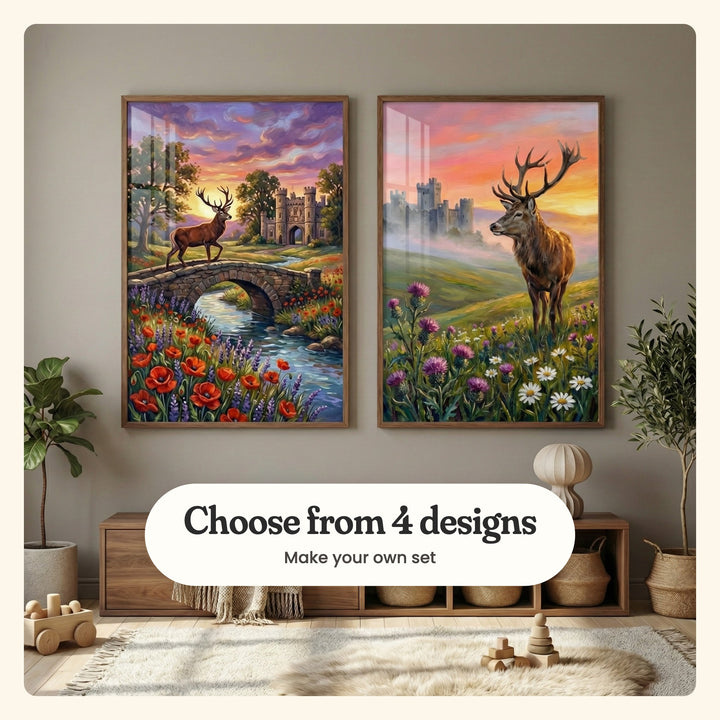 Kids' room with two stag prints in dark wood frames above a low wood cabinet with woven baskets, beside potted plants, a wooden toy cart and a sheepskin rug: Majestic Stag Crossing and Highland Monarch, labeled Choose from 4 designs, Make your own set