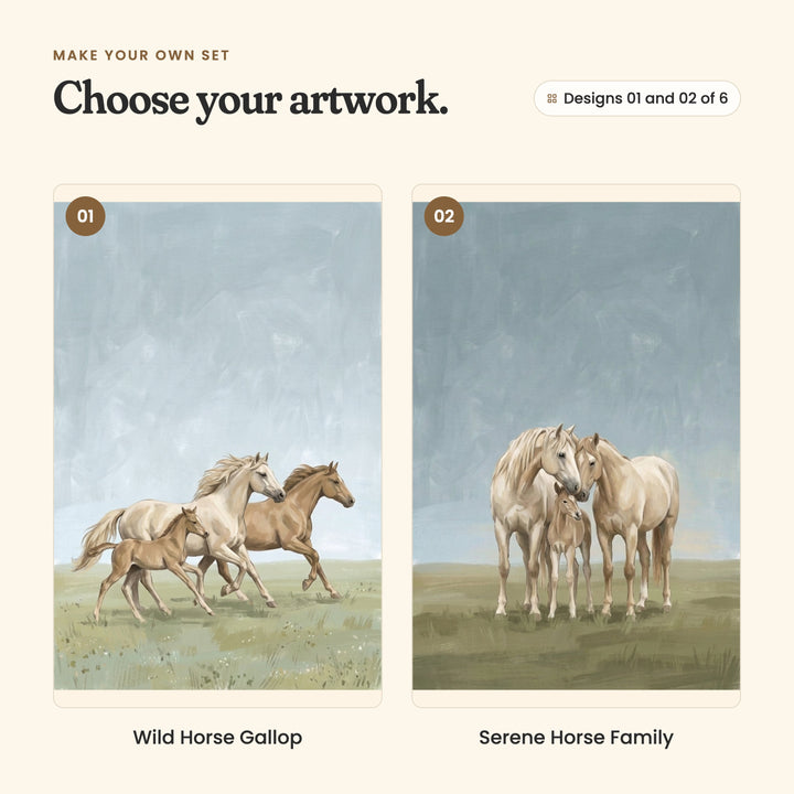 Designs 01 and 02 of 6: Wild Horse Gallop, a cream horse, a tan horse and a foal galloping across a meadow, and Serene Horse Family, two palomino horses standing close round a foal in a meadow