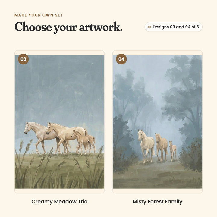 Designs 03 and 04 of 6: Creamy Meadow Trio, two cream horses and a foal walking through tall grass, and Misty Forest Family, a cream horse, a tan horse and a foal on a misty forest path