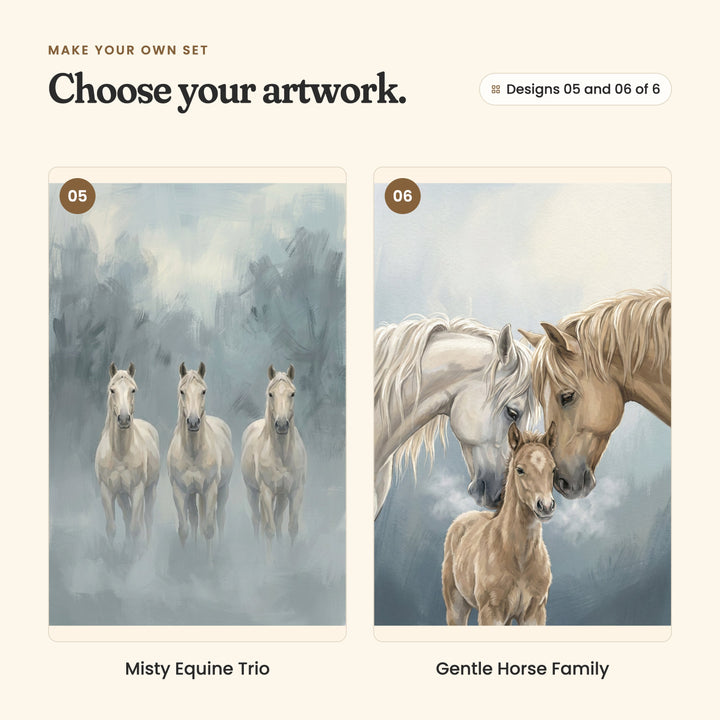 Designs 05 and 06 of 6: Misty Equine Trio, three white horses walking toward you out of the mist, and Gentle Horse Family, a white horse and a palomino nuzzling a little foal