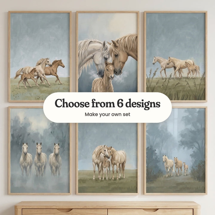 Six horse family prints in light wood frames in two rows above a light wood dresser: horses galloping with a foal, two horses nuzzling a foal, two horses walking with a foal, three white horses in the mist, a horse pair with a foal in a meadow and a horse family on a misty forest path, with a label reading Choose from 6 designs, Make your own set