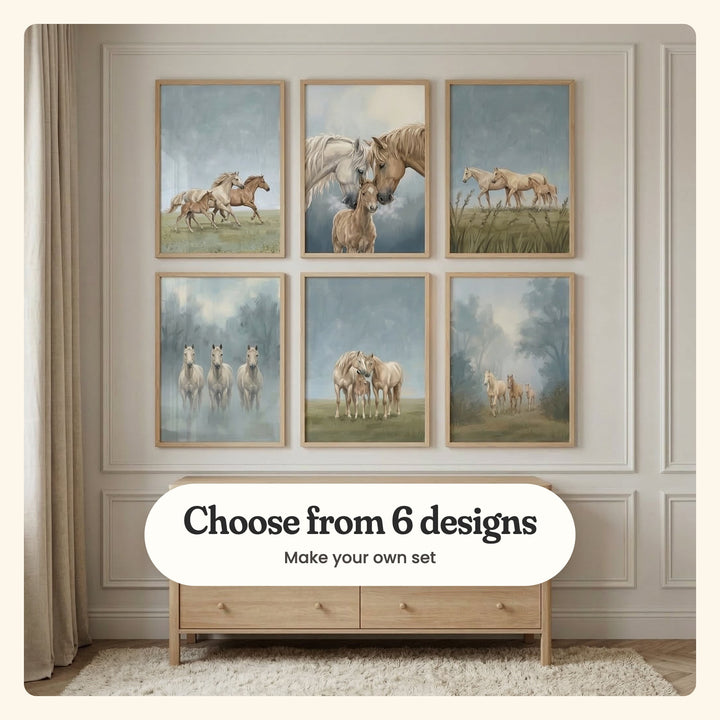 Cream panelled room with six horse family prints in light wood frames in two rows above a light oak dresser and a shaggy rug, beside a linen curtain: Wild Horse Gallop, Gentle Horse Family, Creamy Meadow Trio, Misty Equine Trio, Serene Horse Family and Misty Forest Family, labeled Choose from 6 designs, Make your own set
