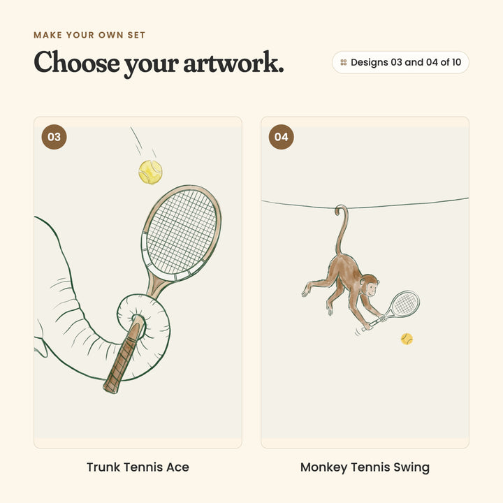 Designs 03 and 04 of 10: Trunk Tennis Ace, an elephant's trunk gripping a wooden racket, and Monkey Tennis Swing, a monkey hanging by its tail, swinging at a ball