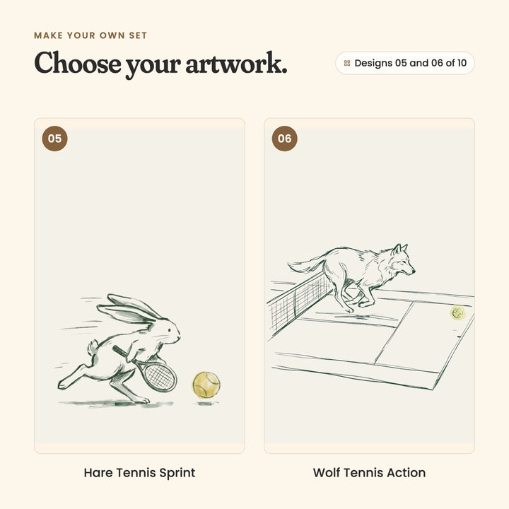 Designs 05 and 06 of 10: Hare Tennis Sprint, a hare racing for a ball with its racket, and Wolf Tennis Action, a wolf leaping over the net on a court